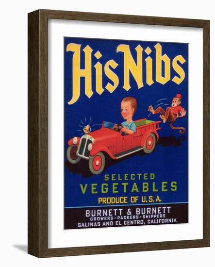 His Nibs Vegetable Label - Salinas, CA-Lantern Press-Framed Art Print