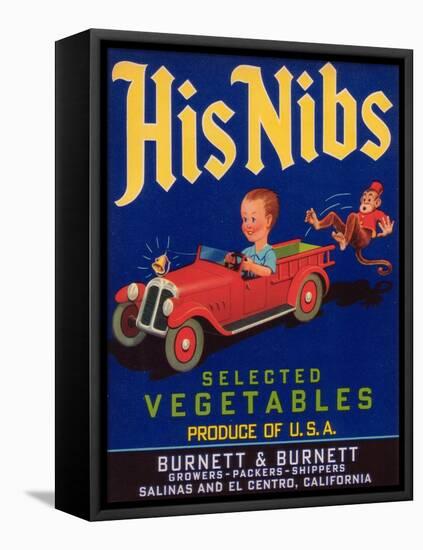 His Nibs Vegetable Label - Salinas, CA-Lantern Press-Framed Stretched Canvas