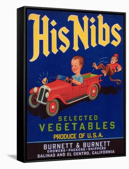 His Nibs Vegetable Label - Salinas, CA-Lantern Press-Framed Stretched Canvas