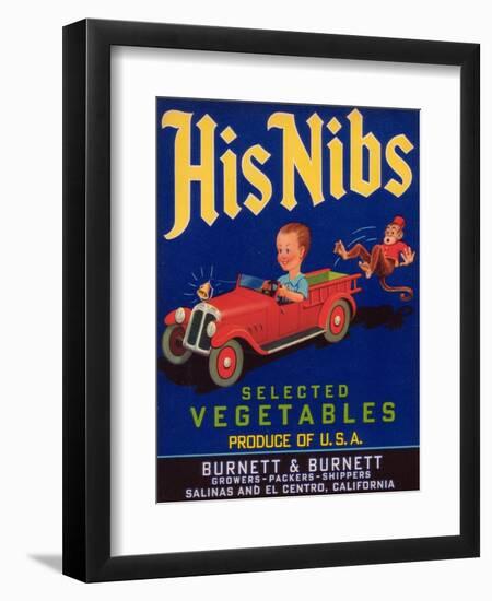 His Nibs Vegetable Label - Salinas, CA-Lantern Press-Framed Art Print