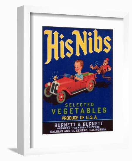 His Nibs Vegetable Label - Salinas, CA-Lantern Press-Framed Art Print