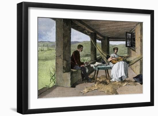 Hispanic Girl Playing Guitar on a Ranch Portico, 1800s-null-Framed Giclee Print