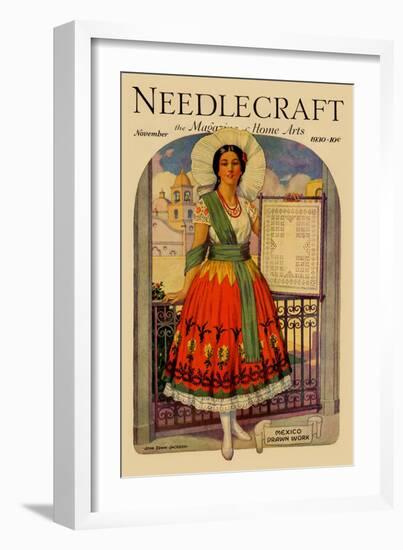 Hispanic Holds Up a Lace Design on a Frame-Needlecraft Magazine-Framed Art Print