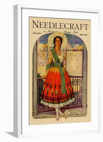 Hispanic Holds Up a Lace Design on a Frame-Needlecraft Magazine-Framed Art Print