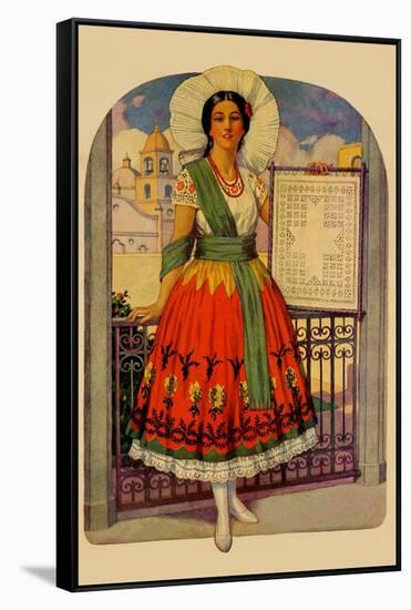 Hispanic Holds Up a Lace Design On a Frame-null-Framed Stretched Canvas