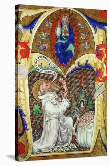 Historiated Initial 'A' Depicting St. Benedict Offering His Soul to God the Father, Lombardy School-Master of the Vitae Imperatorum-Stretched Canvas