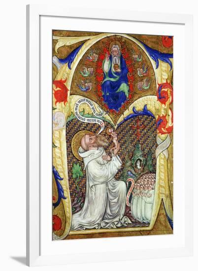 Historiated Initial 'A' Depicting St. Benedict Offering His Soul to God the Father, Lombardy School-Master of the Vitae Imperatorum-Framed Giclee Print