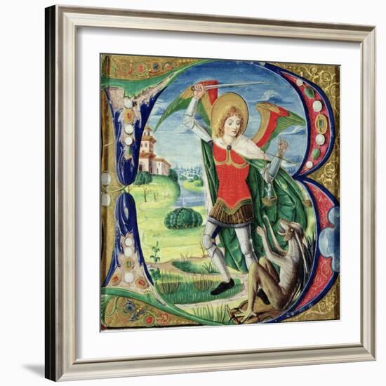Historiated Initial 'B' Depicting St. Michael and the Dragon, 1499-1511 (Vellum)-Alessandro Pampurino-Framed Giclee Print