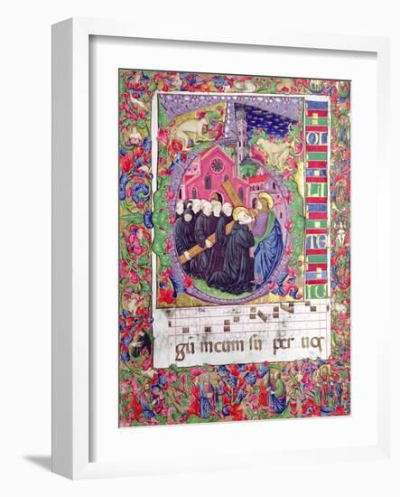 Historiated Initial 'Q', Depicting Christ Holding the Cross of St. Benedict and Benedictine Monks-Italian-Framed Giclee Print
