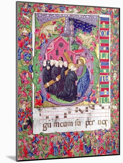 Historiated Initial 'Q', Depicting Christ Holding the Cross of St. Benedict and Benedictine Monks-Italian-Mounted Giclee Print