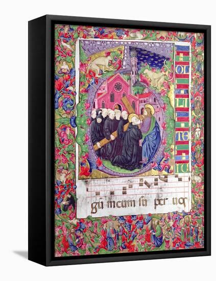 Historiated Initial 'Q', Depicting Christ Holding the Cross of St. Benedict and Benedictine Monks-Italian-Framed Stretched Canvas