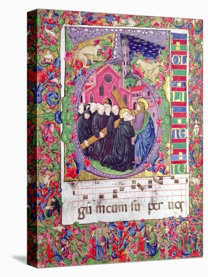 Historiated Initial 'Q', Depicting Christ Holding the Cross of St. Benedict and Benedictine Monks-Italian-Stretched Canvas