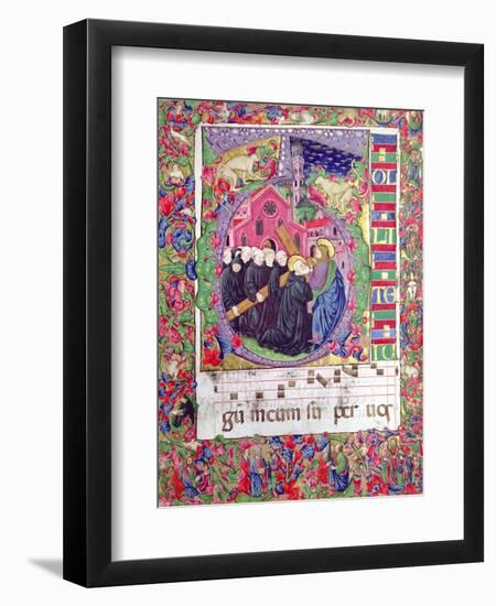 Historiated Initial 'Q', Depicting Christ Holding the Cross of St. Benedict and Benedictine Monks-Italian-Framed Giclee Print