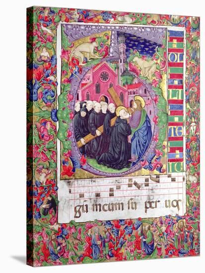 Historiated Initial 'Q', Depicting Christ Holding the Cross of St. Benedict and Benedictine Monks-Italian-Stretched Canvas