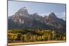 Historic Cabin And Fall Colors Beneath The Grand Teton In Grand Teton National Park, Wyoming-Austin Cronnelly-Mounted Photographic Print