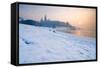 Historic Royal Wawel Castle in Cracow, Poland, with Frozen Vistula River in Winter.-dziewul-Framed Stretched Canvas