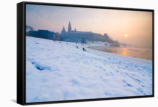 Historic Royal Wawel Castle in Cracow, Poland, with Frozen Vistula River in Winter.-dziewul-Framed Stretched Canvas