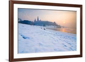 Historic Royal Wawel Castle in Cracow, Poland, with Frozen Vistula River in Winter.-dziewul-Framed Photographic Print