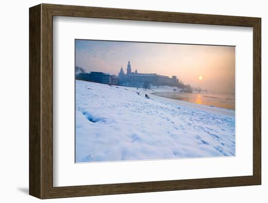 Historic Royal Wawel Castle in Cracow, Poland, with Frozen Vistula River in Winter.-dziewul-Framed Photographic Print