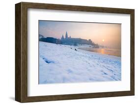 Historic Royal Wawel Castle in Cracow, Poland, with Frozen Vistula River in Winter.-dziewul-Framed Photographic Print