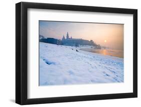 Historic Royal Wawel Castle in Cracow, Poland, with Frozen Vistula River in Winter.-dziewul-Framed Photographic Print