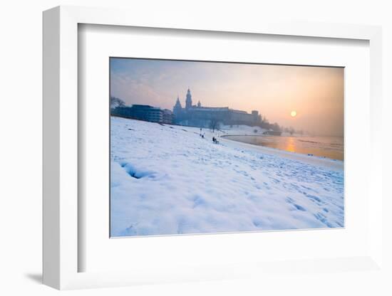 Historic Royal Wawel Castle in Cracow, Poland, with Frozen Vistula River in Winter.-dziewul-Framed Photographic Print