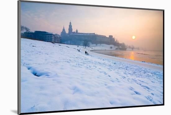 Historic Royal Wawel Castle in Cracow, Poland, with Frozen Vistula River in Winter.-dziewul-Mounted Photographic Print