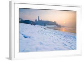 Historic Royal Wawel Castle in Cracow, Poland, with Frozen Vistula River in Winter.-dziewul-Framed Photographic Print