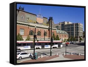 Historic Union Station and Light Rail Train, Salt Lake City, Utah, USA-Richard Cummins-Framed Stretched Canvas