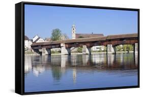 Historical Wooden Bridge and Cathedral (Fridolinsmunster)-Marcus-Framed Stretched Canvas