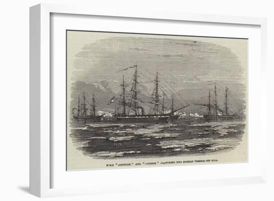 HMS Amphion and Cruiser Capturing Two Russian Vessels Off Riga-null-Framed Giclee Print