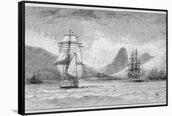 Hms "Beagle" the Ship in Which Charles Darwin Sailed Approaching Mauritius-R.t. Pritchett-Framed Stretched Canvas