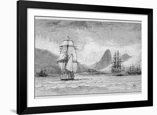 Hms "Beagle" the Ship in Which Charles Darwin Sailed Approaching Mauritius-R.t. Pritchett-Framed Photographic Print