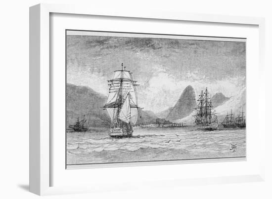 Hms "Beagle" the Ship in Which Charles Darwin Sailed Approaching Mauritius-R.t. Pritchett-Framed Photographic Print