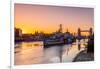 HMS Belfast and Tower Bridge at sunrise with a low tide on the River Thames, London-Ed Hasler-Framed Photographic Print