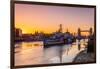 HMS Belfast and Tower Bridge at sunrise with a low tide on the River Thames, London-Ed Hasler-Framed Photographic Print