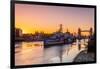 HMS Belfast and Tower Bridge at sunrise with a low tide on the River Thames, London-Ed Hasler-Framed Photographic Print