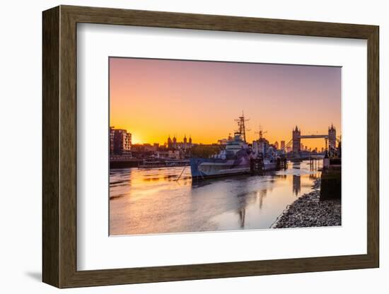 HMS Belfast and Tower Bridge at sunrise with a low tide on the River Thames, London-Ed Hasler-Framed Photographic Print