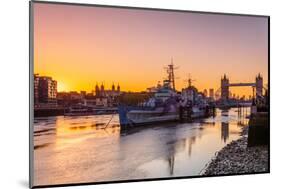 HMS Belfast and Tower Bridge at sunrise with a low tide on the River Thames, London-Ed Hasler-Mounted Photographic Print