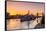 HMS Belfast and Tower Bridge at sunrise with a low tide on the River Thames, London-Ed Hasler-Framed Stretched Canvas