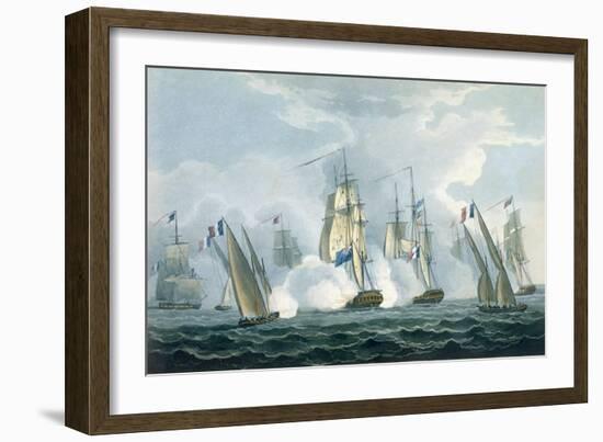 Hms Sirius, Captain Rowse Engaging a French Squadron Off the Mouth of the Tiber, 17th April, 1806-Thomas Whitcombe-Framed Giclee Print