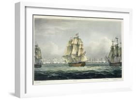 HMS Victory Sailing For French Line, Battle of Trafalgar, 1805, Engraved, T. Sutherland, Pub.1820-Thomas Whitcombe-Framed Giclee Print