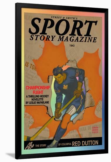 Hockey Player Skating Through Hole in Newspaper Headlines, c.1943-null-Framed Art Print