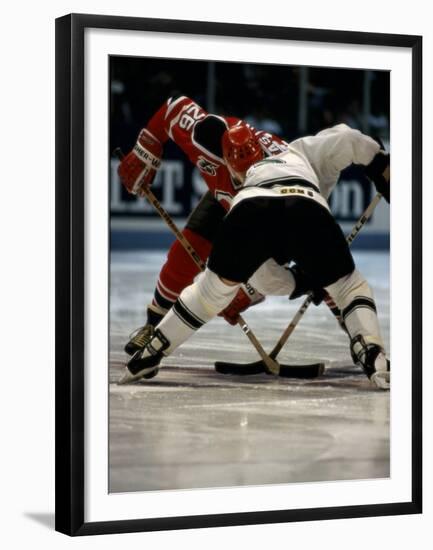 Hockey Players in Head to Head Competition-null-Framed Premium Photographic Print