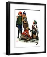 "Hockey Waits, Tying Skates,"December 17, 1927-Alan Foster-Framed Giclee Print