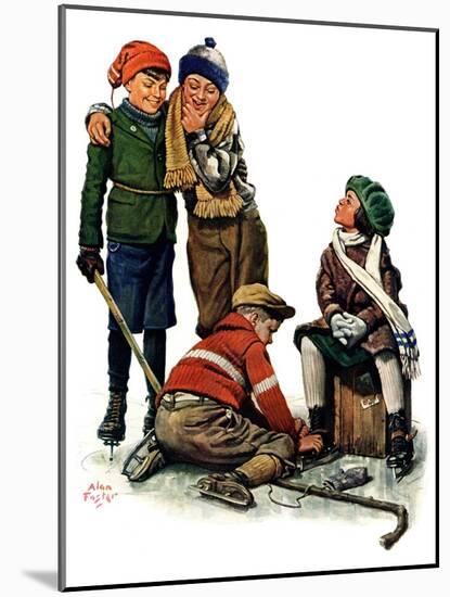 "Hockey Waits, Tying Skates,"December 17, 1927-Alan Foster-Mounted Giclee Print
