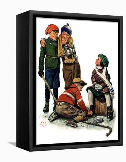 "Hockey Waits, Tying Skates,"December 17, 1927-Alan Foster-Framed Stretched Canvas