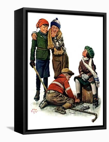 "Hockey Waits, Tying Skates,"December 17, 1927-Alan Foster-Framed Stretched Canvas