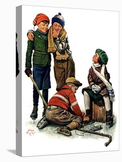 "Hockey Waits, Tying Skates,"December 17, 1927-Alan Foster-Stretched Canvas