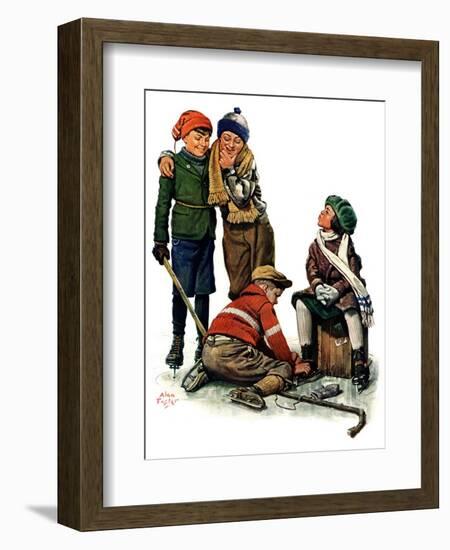 "Hockey Waits, Tying Skates,"December 17, 1927-Alan Foster-Framed Giclee Print